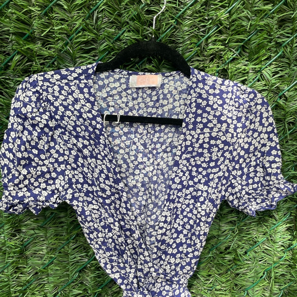 Blue floral wrap dress